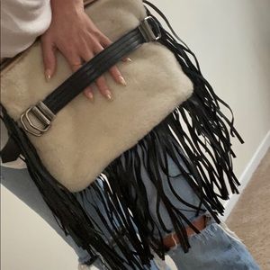 Fuzzy White Purse with Black Tassels